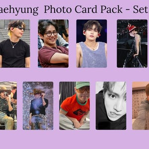 May include: A Taehyung Photo Card Pack - Set A featuring nine distinct rectangular cards. Each card displays a different portrait of the same individual in various outfits, including a black t-shirt, a maroon shirt, a purple tank top, and a cowboy hat.