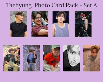 May include: A Taehyung Photo Card Pack - Set A featuring nine distinct rectangular cards. Each card displays a different portrait of the same individual in various outfits, including a black t-shirt, a maroon shirt, a purple tank top, and a cowboy hat.
