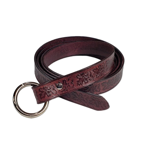 Leather Belt "Thin Enchanted Forest Ring Belt"; Leaf-Embossed Leather Ring Belt; Belt with Metal Ring; Thin Medieval Belt