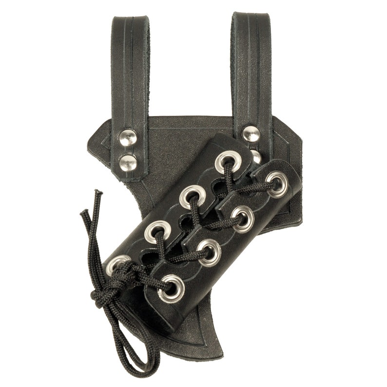 May include: Black leather sword scabbard with a lace-up design and silver metal eyelets. The scabbard has two straps for attaching to a belt.