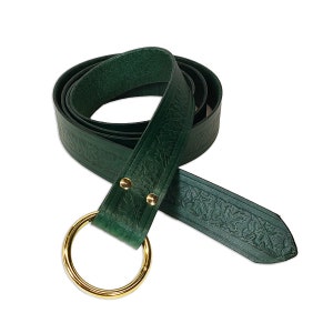 Leather Belt "Enchanted Forest Ring Belt"; Leaf-Embossed Leather Ring Belt; Belt with Metal Ring; Medieval Belt