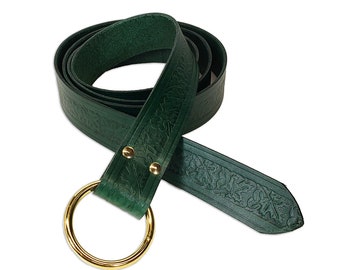 Leather Belt "Enchanted Forest Ring Belt"; Leaf-Embossed Leather Ring Belt; Belt with Metal Ring; Medieval Belt