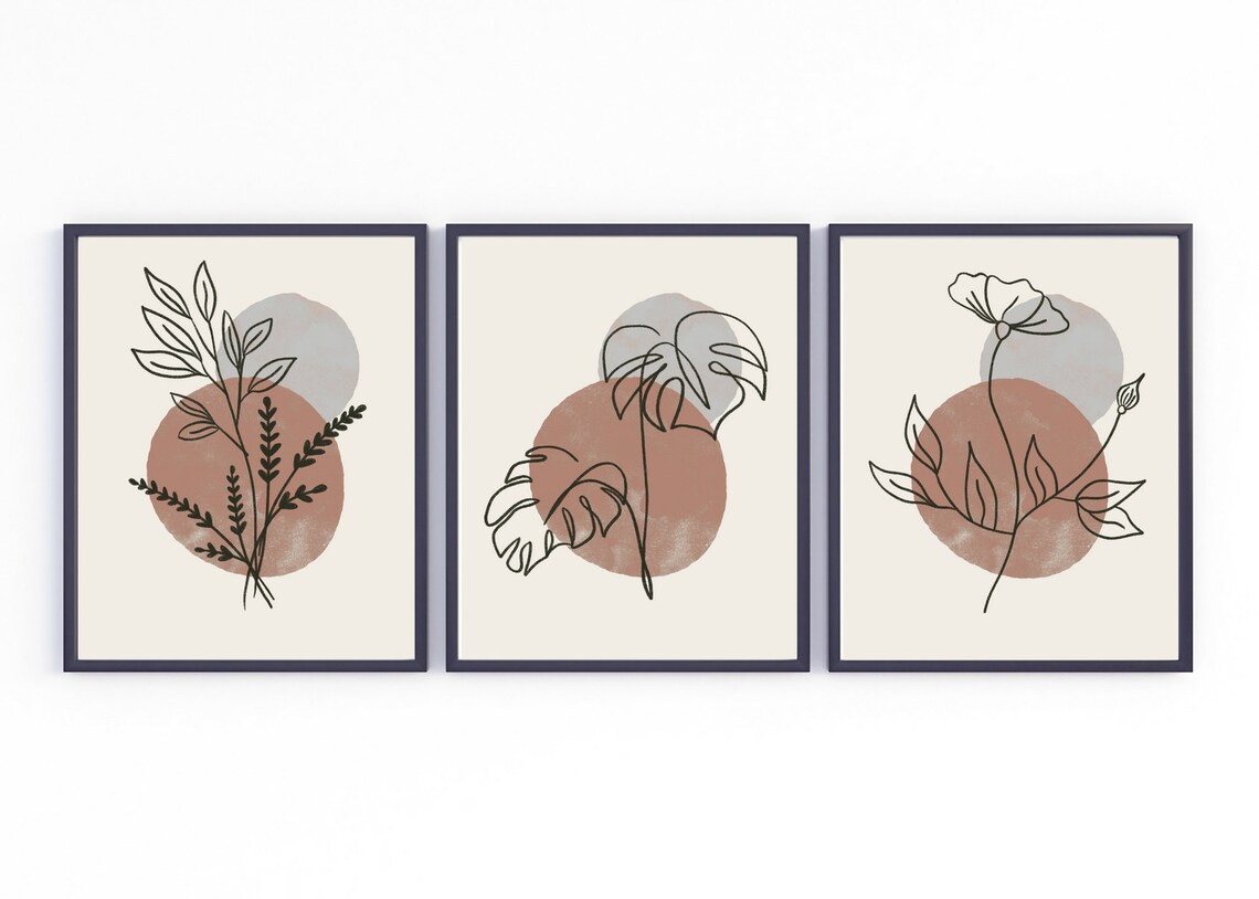 Printable Abstract Line Art, Set of 3 Drawings, Boho Wall Art, Flower Line Art Etsy