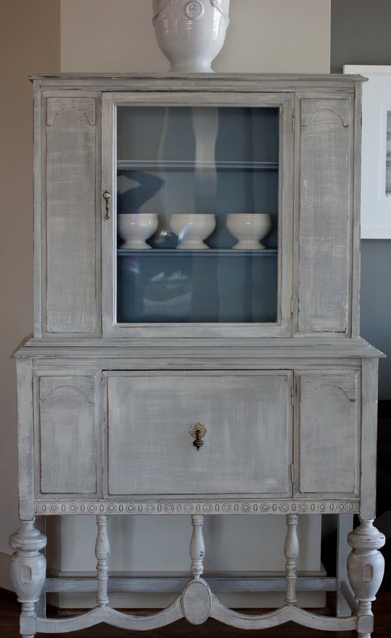 Items similar to Light Grey Rustic Hutch with Blue Interior on Etsy