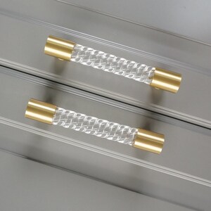 May include: Two clear acrylic cabinet knobs with a braided design and gold metal end caps.