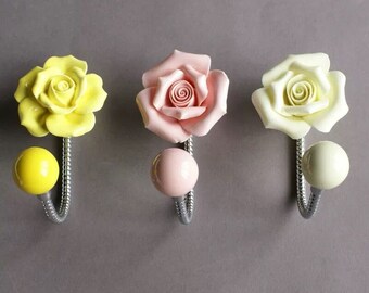 Colorful Rose Ceramic Hook For Clothes Hats single Hook Pink Rose Hook Coat Hook Decorative Hook