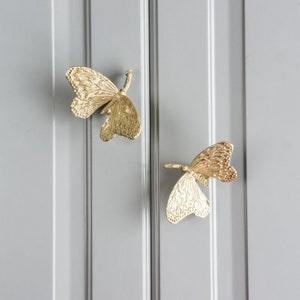 May include: Two gold butterfly-shaped cabinet door pulls. The butterflies are detailed with intricate patterns and have a slightly raised texture.