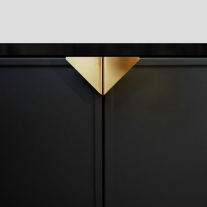 May include: A black cabinet with two doors and a gold triangular handle.