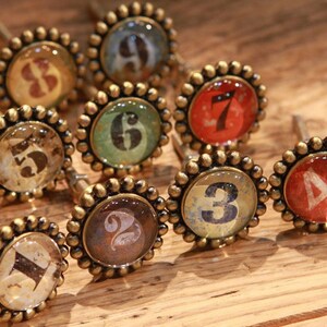 Può includere: Nove pomelli per armadi in stile antico con i numeri da 1 a 9. I pomelli sono in metallo e hanno una finitura anticata. Ogni pomello ha un design circolare con un bordo rialzato.