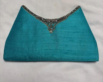 Sac à Main Vintage Perlé Vert Et Bleu – Bandoulière 20 Cm – Occasion Très Bon état