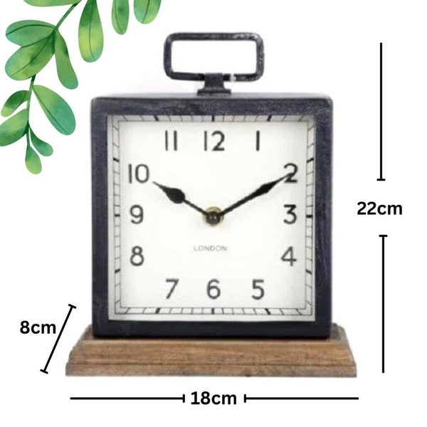 Black Metal Handle Clock, Rustic Distressed Wooden Base Square London Mantel Mantle Retro Vintage Style Freestanding Quartz Desk Table Clock