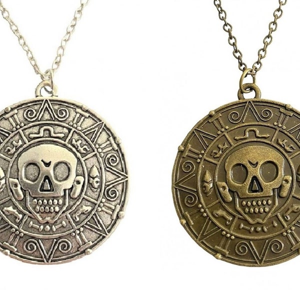 Aztec Coin Skull Sun Necklace Inspired by Pirates of the Caribbean Movie Fantasy Medallion Fancy Dress Pendant Chain Gift for Men's Women