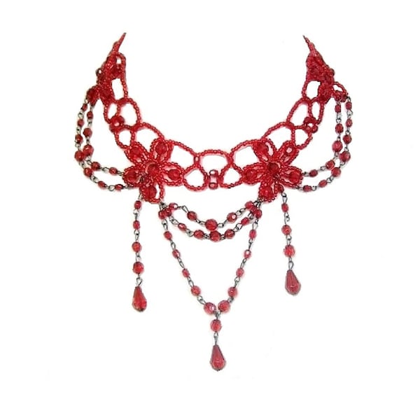 Red Beaded Flower Choker Necklace Fancy Dress Party Vintage Burlesque Retro Tattoo Gothic Jewellery Gift for Her Women Girls