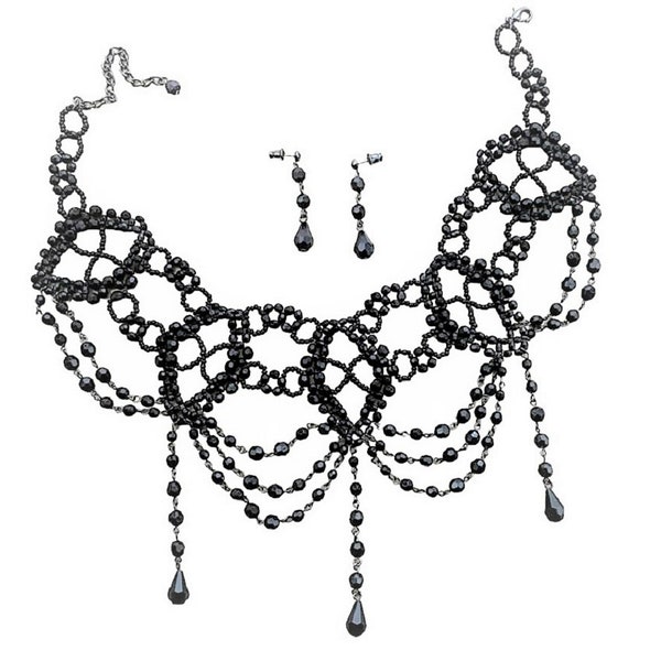 Ensemble de boucles d'oreilles avec collier ras de cou en perles noires, robe gothique, ensemble de bijoux vintage de style victorien pour elle, femme et fille