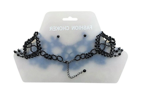 Black Beaded Choker Necklace Earrings Set Gothic … - image 3