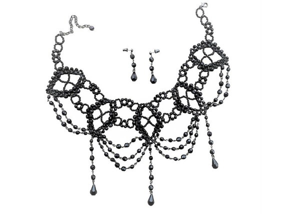 Black Beaded Choker Necklace Earrings Set Gothic … - image 1