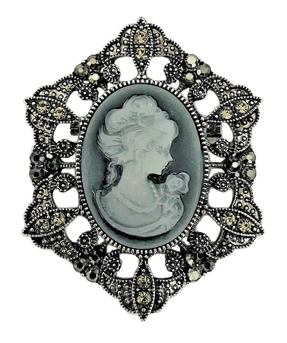 Vintage Style Cameo Brooch Pin Rhinestone Crystal… - image 4