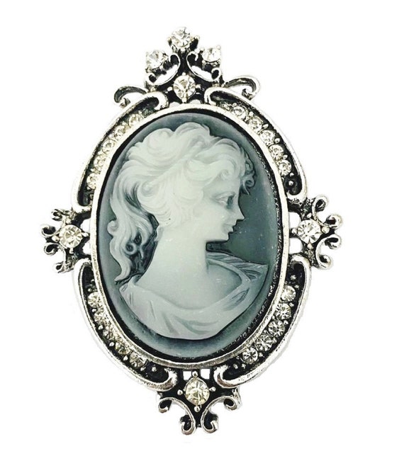 Vintage Style Cameo Brooch Pin Rhinestone Crystal… - image 2