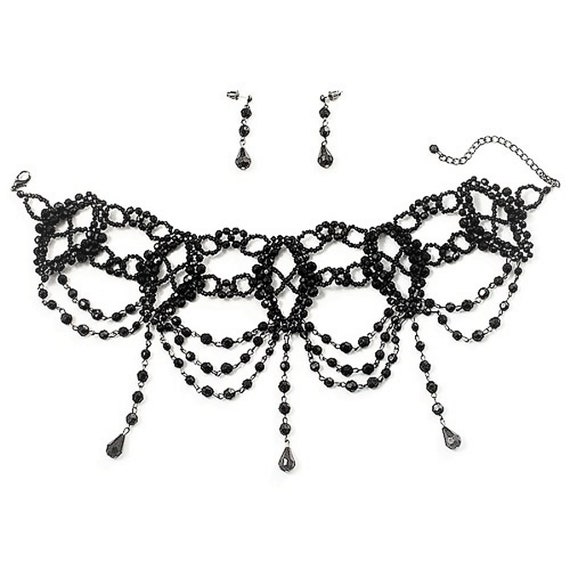 Black Beaded Choker Necklace Earrings Set Gothic … - image 4