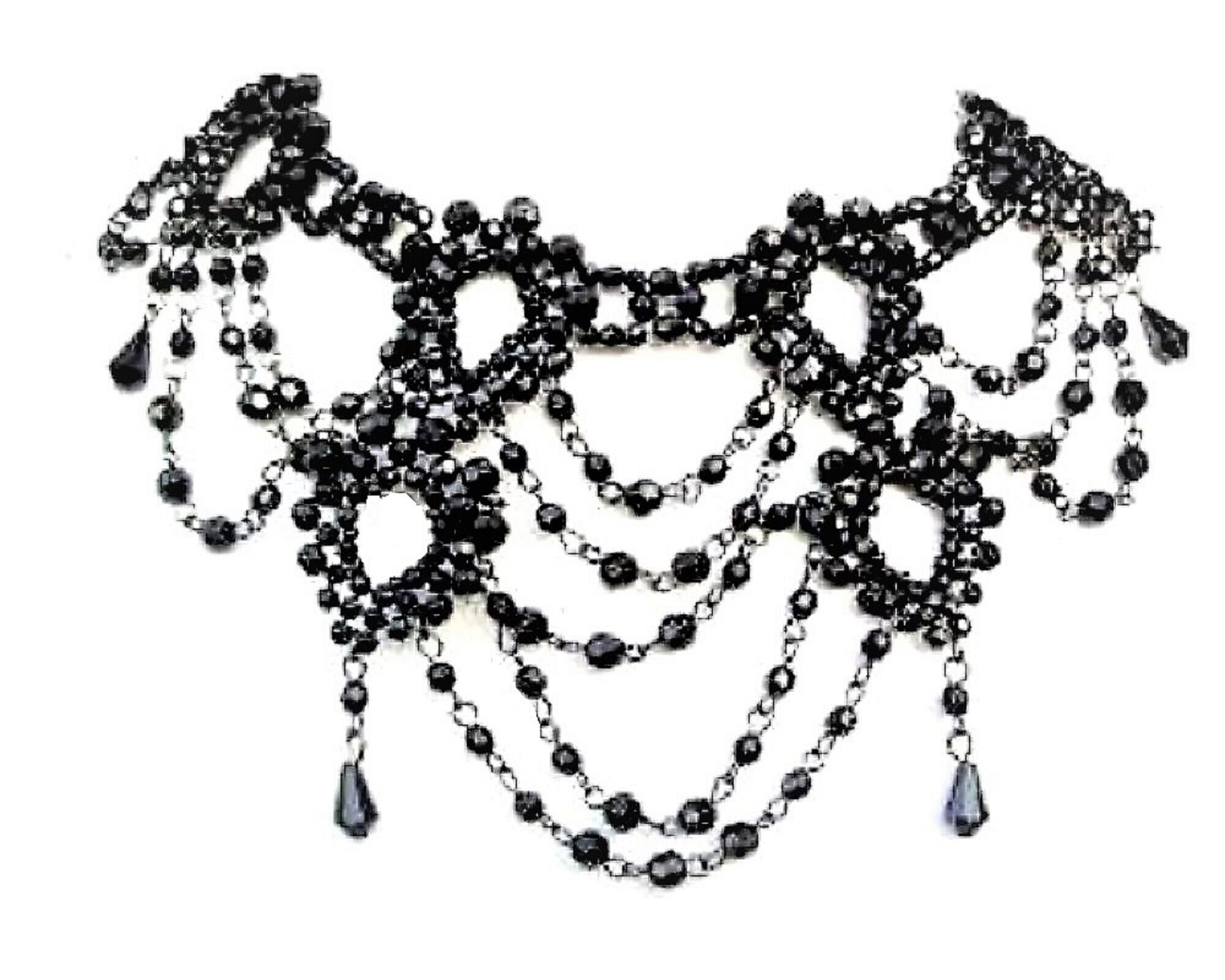 Collier Ras De Cou Ancien En Perles Noires Avec Strass - Bijou De Deuil Vintage - Occasion