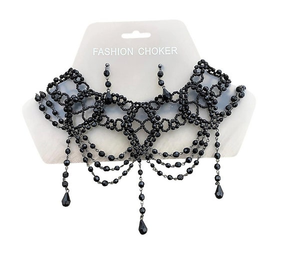 Black Beaded Choker Necklace Earrings Set Gothic … - image 2