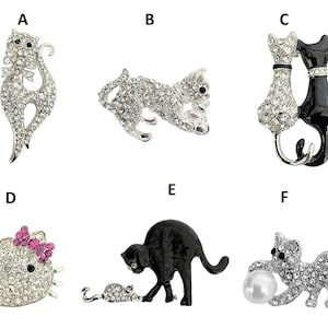 Silver Cat Brooch Pin Crystal Broach Badge Dress Animal Gift Jewelry Jewellery for Her Women Girls Ladies