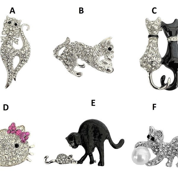 Silver Cat Brooch Pin Crystal Broach Badge Dress Animal Gift Jewelry Jewellery for Her Women Girls Ladies