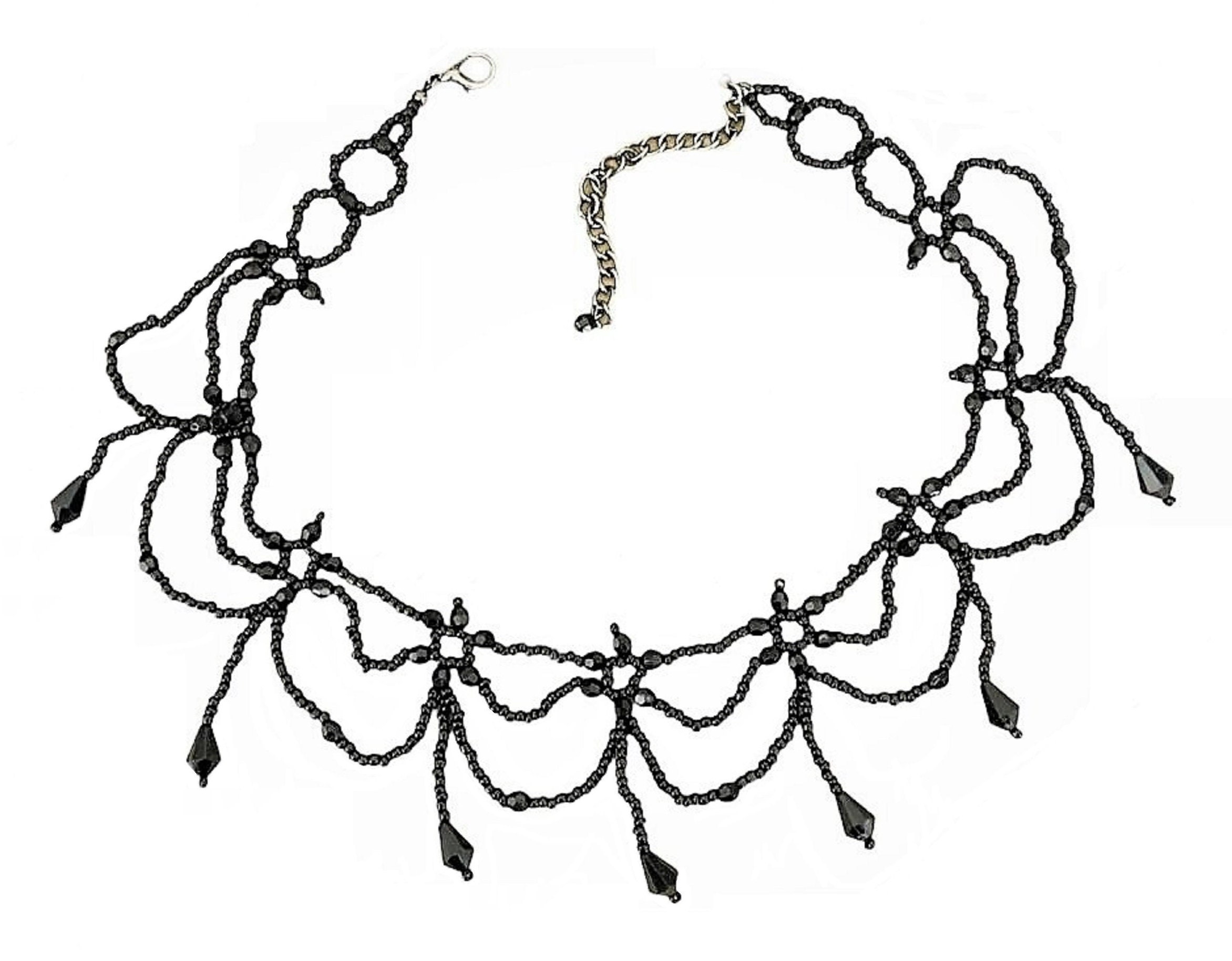 Collier Ras De Cou Ancien Perles Noires Et Strass - Bijou De Deuil, Occasion