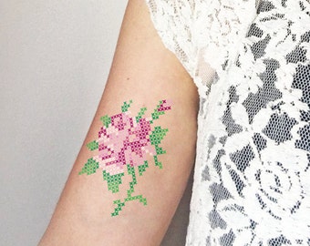 Cross Stitch Rose  - Temporary tattoo (Set of 2)