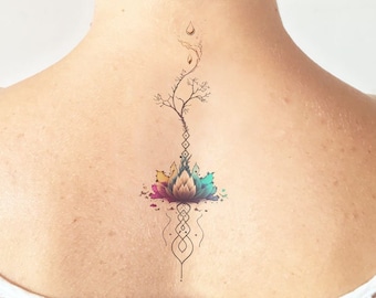 Watercolor Lotus Unalome - Bohemian Temporary Tattoo - Pack of 4