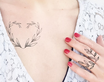 Olive Branch Heart Tattoo - Finger Leaves - 3 Floral Temporary Tattoos Set