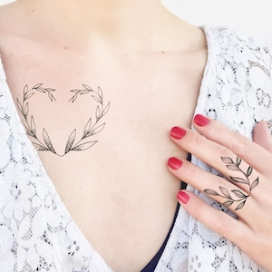 Olive Branch Heart Tattoo - Finger Leaves - 3 Floral Temporary Tattoos Set