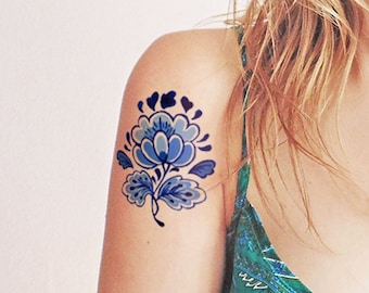 Blue Pottery Bloom - Vintage flower - Temporary tattoo