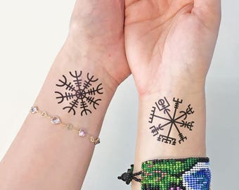 Vichingo - Aegishjalmur - Vegvisir - Tatuaggio temporaneo (set di 2)