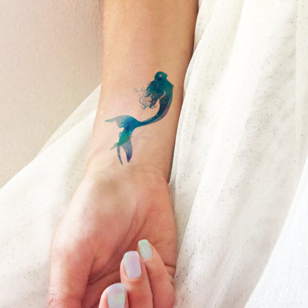 Mermaid Watercolor Temporary Tattoo Etsy