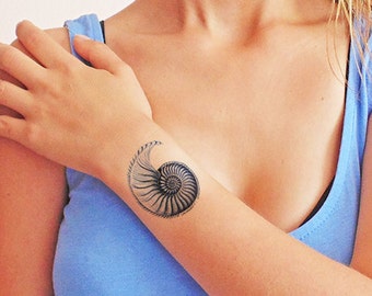 Nautilus Blue Seashell Temporary Tattoo Set Of 2 Etsy