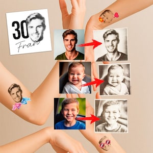 May include: A collection of temporary tattoos featuring portraits of a person at different ages. One tattoo includes the number "30" and the name "Fran". Other tattoos show a baby and a young child. The tattoos are applied to the skin.