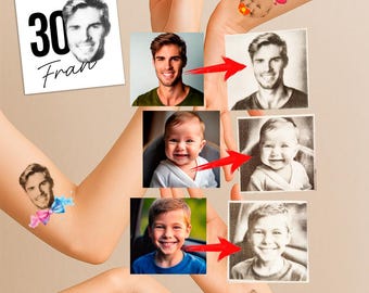 Op de afbeelding: Een verzameling tijdelijke tatoeages met portretten van een persoon op verschillende leeftijden. Eén tatoeage bevat het nummer "30" en de naam "Fran". Andere tatoeages tonen een baby en een jong kind. De tatoeages zijn op de huid aangebracht.
