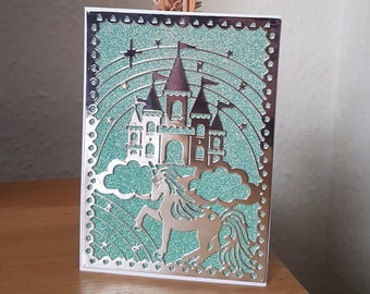 Green unicorn card, fairy tale castle, magical card for friend, legendary creature, mythology card