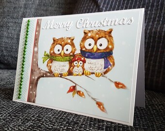 Owl family Christmas card, cute owls in scarves, Merry Christmas, xmas card, happy holidays