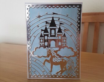 Blue fairy tale castle card, unicorn birthday, for daughter, little girl card, magical