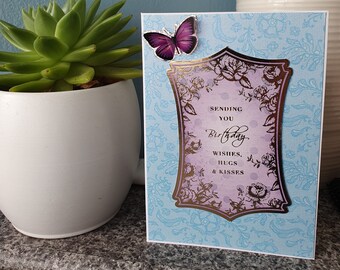 Blue birthday card, purple butterfly, handmade bday card, Mum card, Mom card, for her