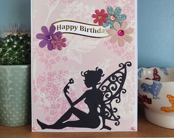Fairy birthday card, handmade pink card, happy birthday, flower faerie, girls birthday card