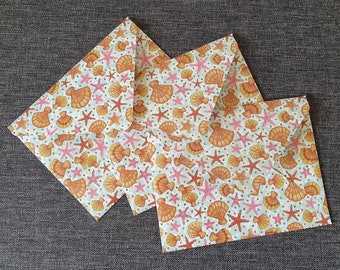 Orange seashell envelopes, set of three, patterned starfish stationery, handmade decorative envelopes,