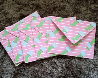 Five pink cactus envelopes, stripy envelope set, pack of pretty patterned stationery