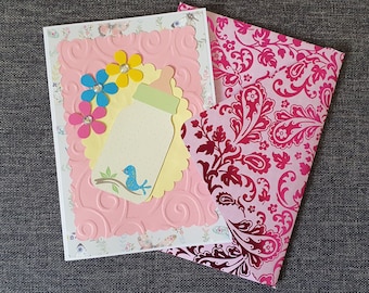 New baby girl card, newborn handmade card, pink envelope, baby bottle, bird and butterflies
