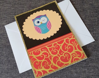 Oriental owl card, black, red and gold, handmade bird card, owl lover greeting card, blank inside