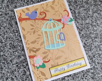 Handmade bird card, Happy Birthday, birthday wishes, bird lover card, nature card, bird watcher gift, bird on branch, ornithologist card
