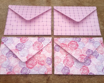 Pink rose envelopes, pink roses, pack of four, handmade envelope set, floral stationery, patterned envelopes