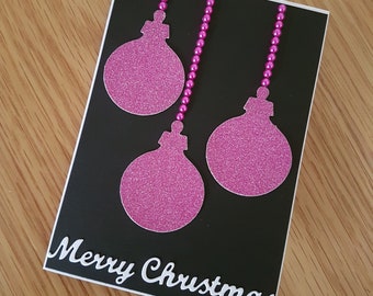 Pink baubles Christmas card, Merry xmas, handmade festive card, ooak